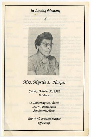 Primary view of object titled '[Funeral Program for Myrtle L. Harper, October 30, 1992]'.