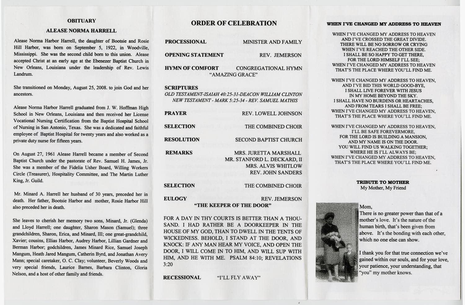 [Funeral Program for Alease Norma Harrell, September 6, 2008]
                                                
                                                    [Sequence #]: 2 of 3
                                                