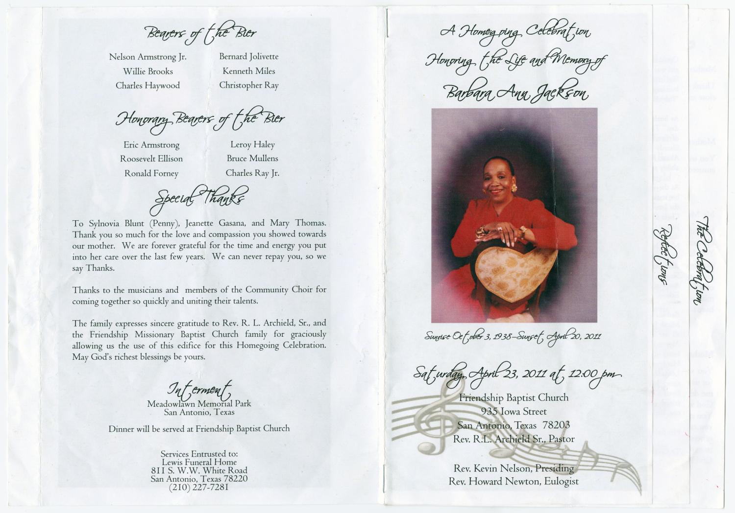 [Funeral Program for Barbara Ann Jackson, April 23, 2011]
                                                
                                                    [Sequence #]: 5 of 5
                                                
