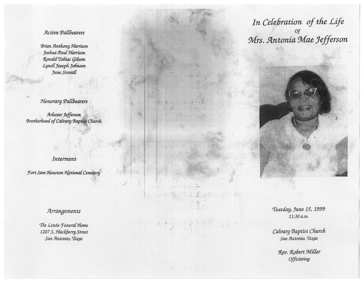 [Funeral Program for Antonia Mae Jefferson, June 15, 1999]
                                                
                                                    [Sequence #]: 3 of 5
                                                
