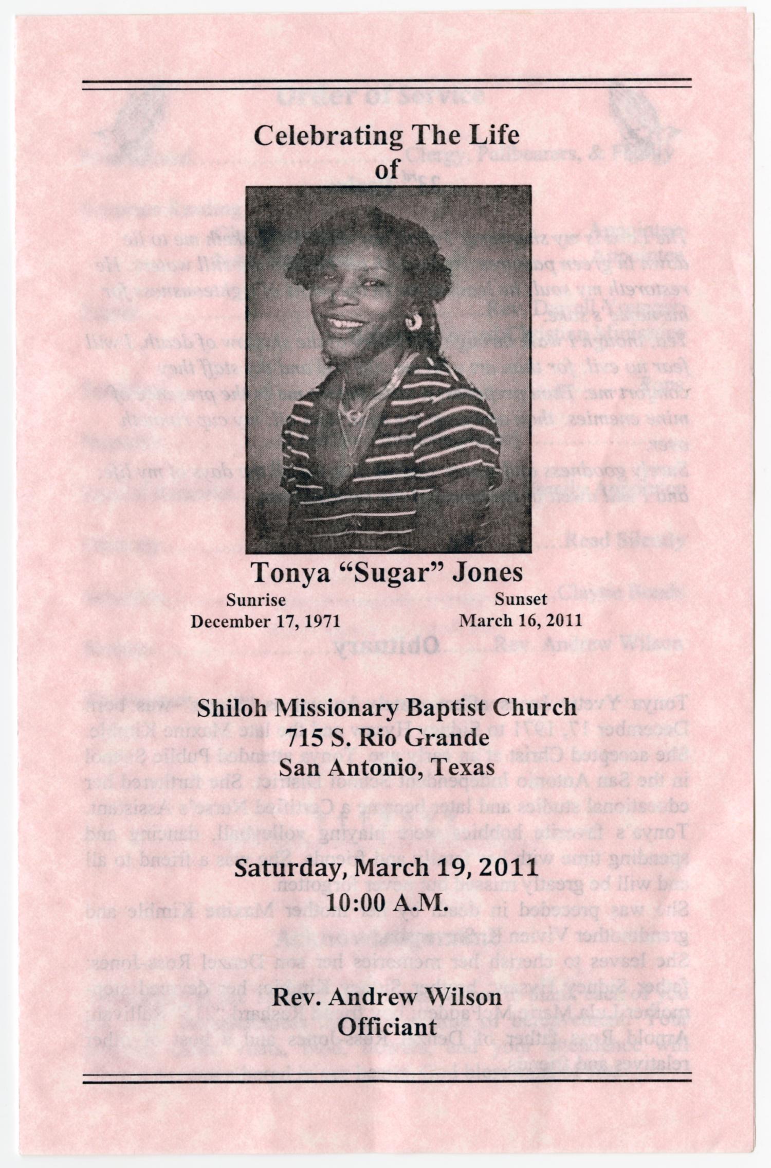 [Funeral Program for Tonya Jones, March 19, 2011]
                                                
                                                    [Sequence #]: 1 of 3
                                                