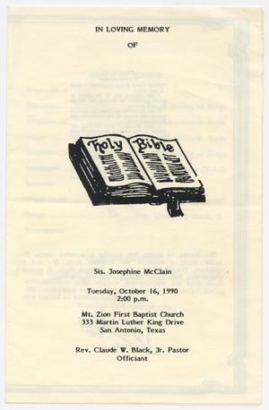 Primary view of object titled '[Funeral Program for Josephine McClain, October 16, 1990]'.