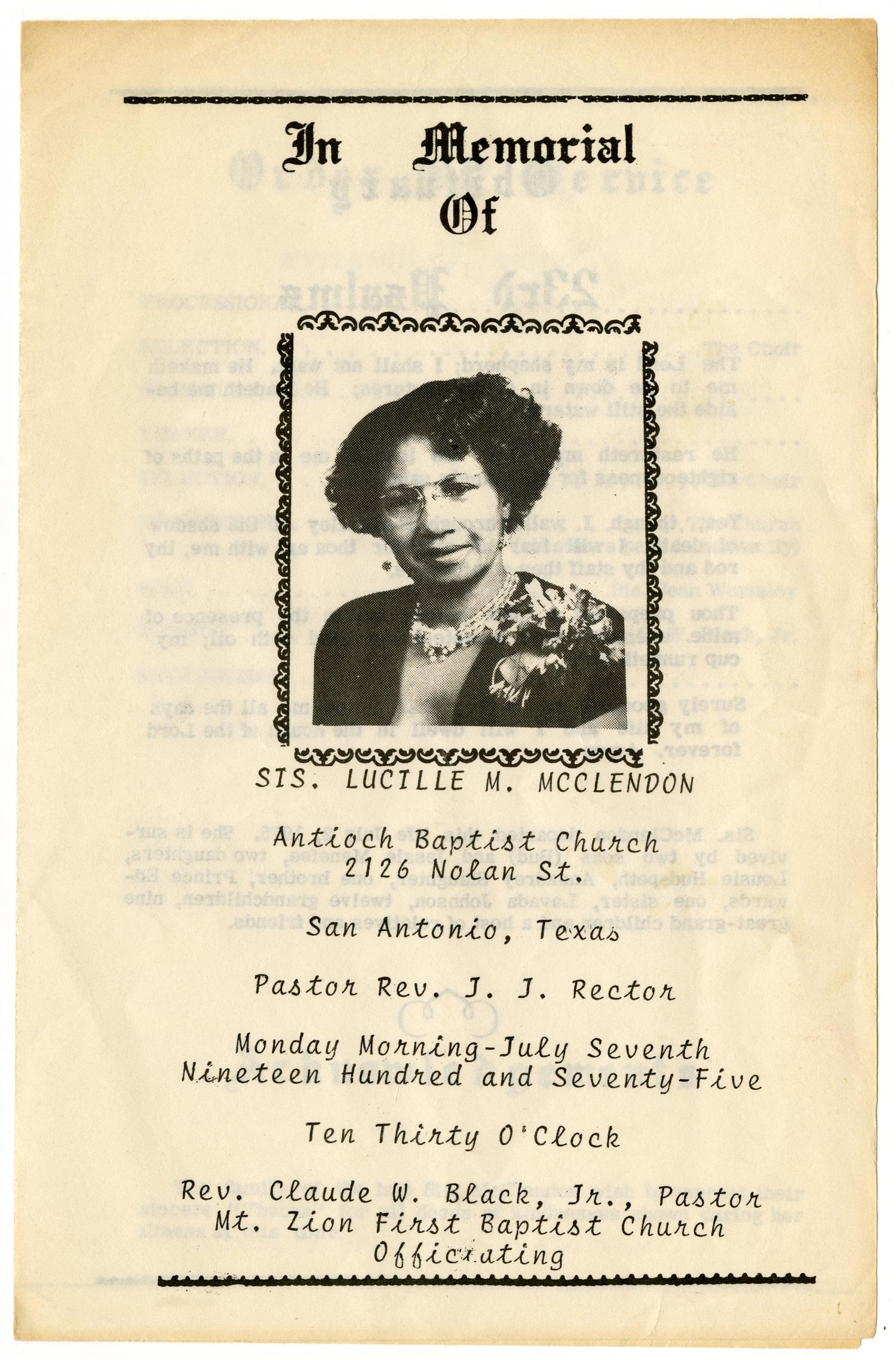 [Funeral Program for Lucille M. McClendon, July 7, 1975]
                                                
                                                    [Sequence #]: 1 of 3
                                                