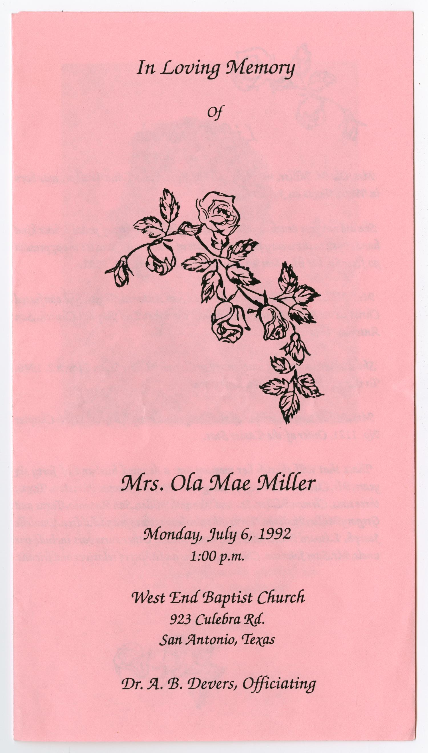 [Funeral Program for Ola Mae Miller, July 6, 1992]
                                                
                                                    [Sequence #]: 1 of 3
                                                