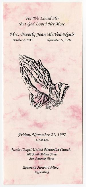 Primary view of object titled '[Funeral Program for Beverly Jean McVea-Neuls, November 21, 1997]'.