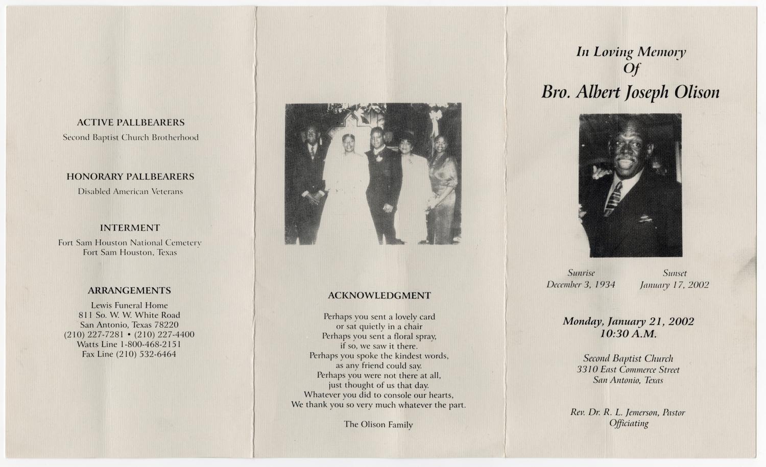 [Funeral Program for Albert Joseph Olison, January 21, 2002]
                                                
                                                    [Sequence #]: 3 of 3
                                                