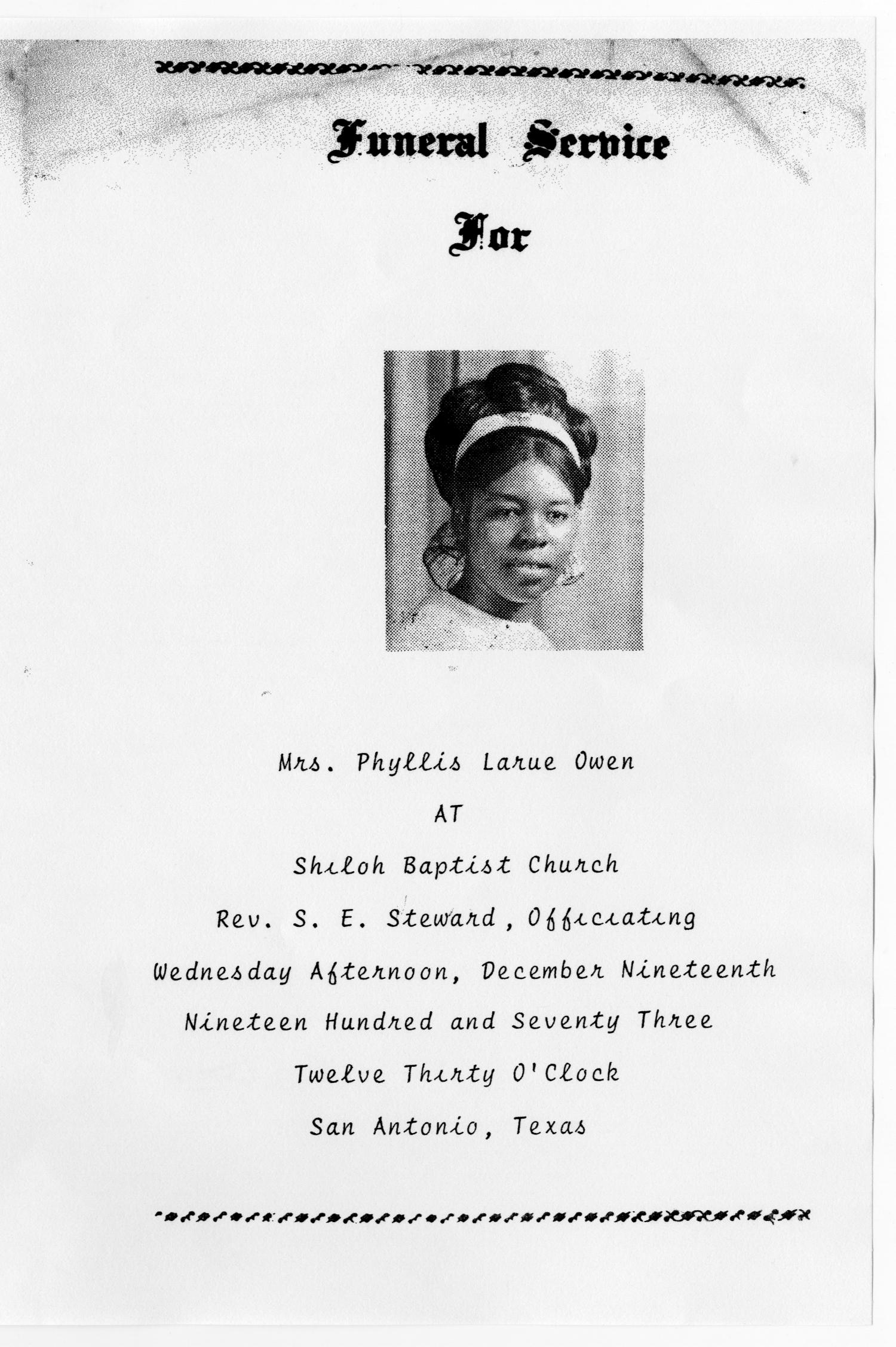[Funeral Program for Phyllis Larue Owen, December 19, 1973]
                                                
                                                    [Sequence #]: 1 of 3
                                                