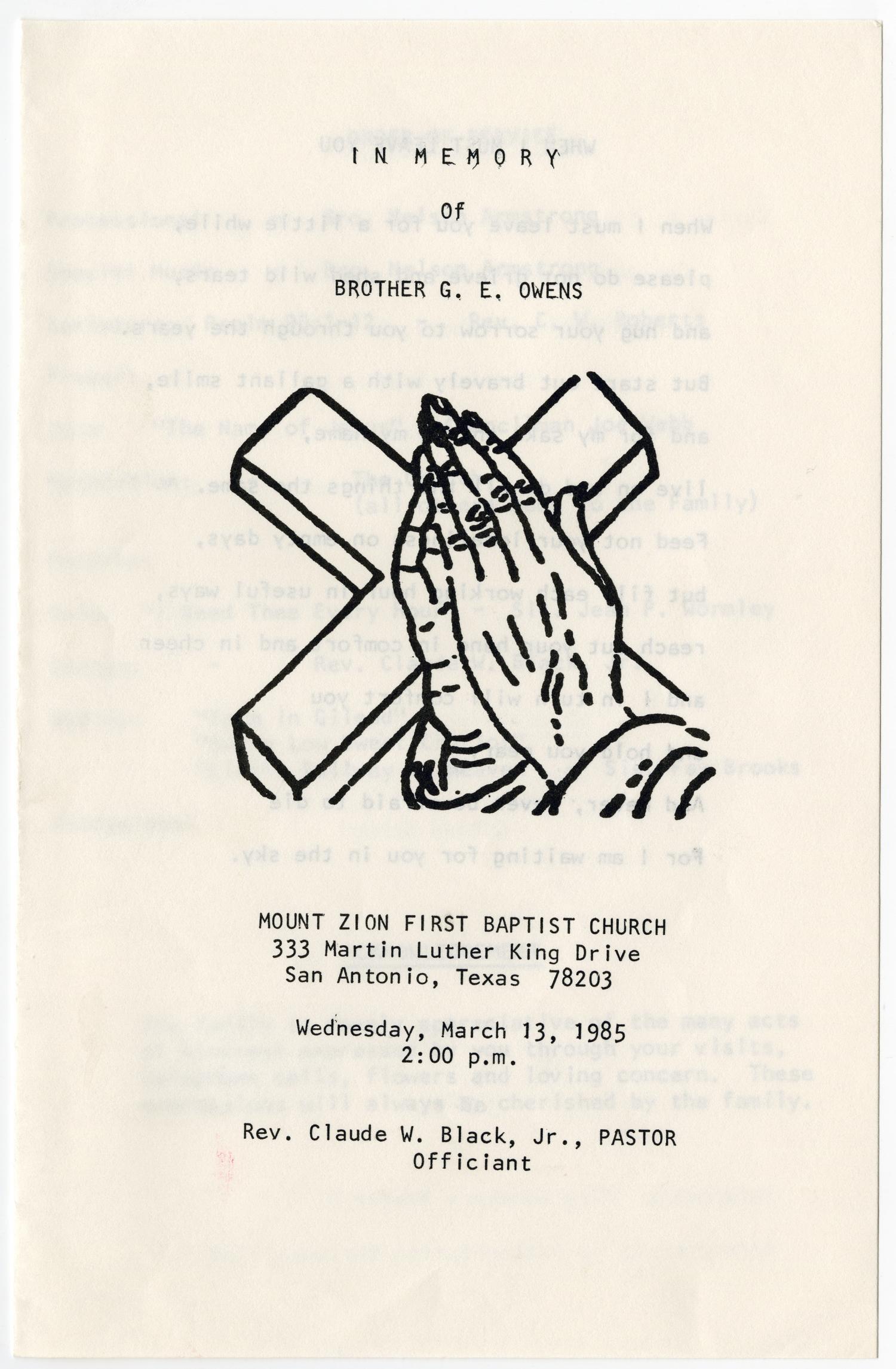 [Funeral Program for G. E. Owens, March 13, 1985]
                                                
                                                    [Sequence #]: 1 of 3
                                                