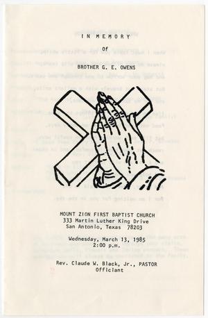 Primary view of object titled '[Funeral Program for G. E. Owens, March 13, 1985]'.