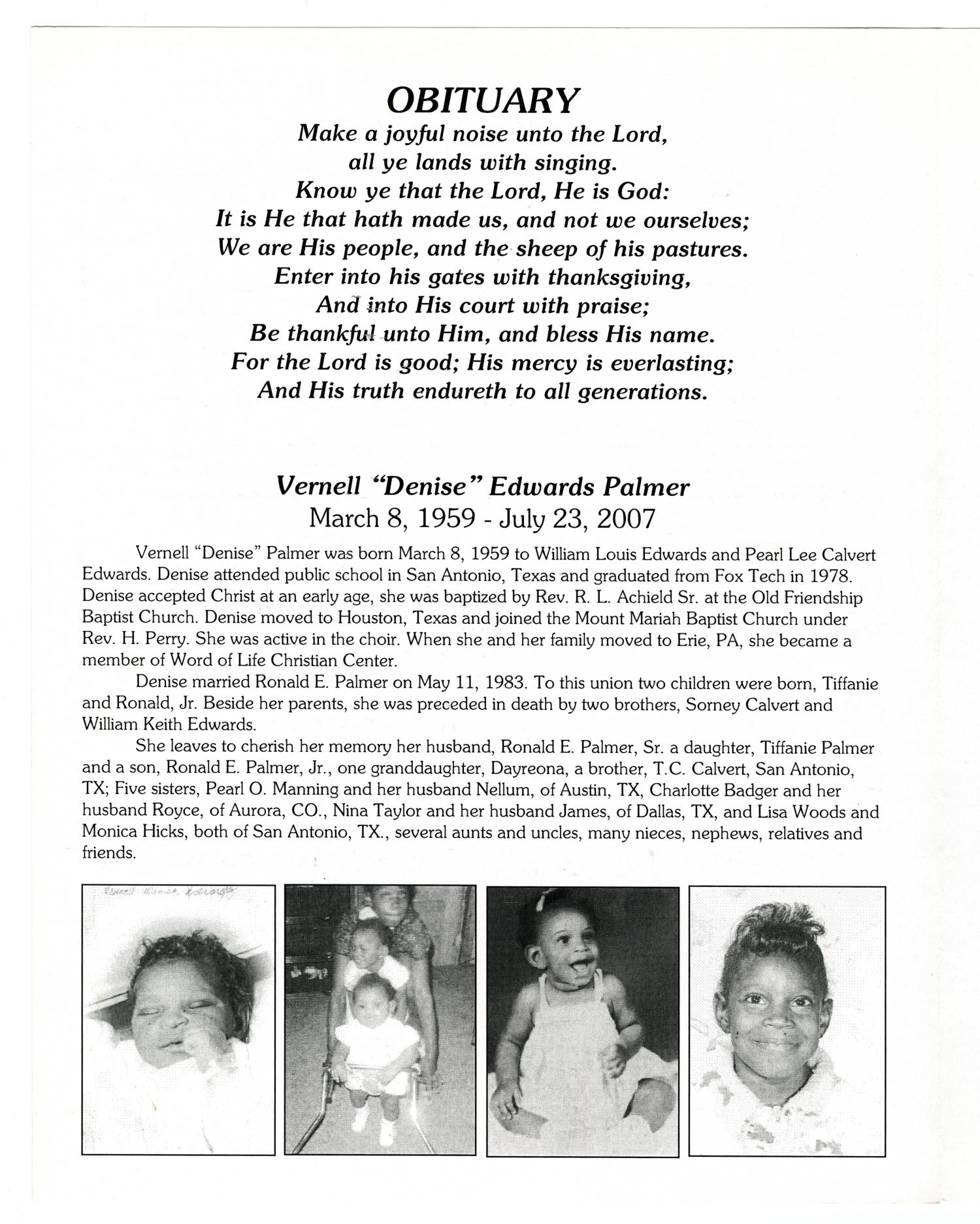 [Funeral Program for Vernell Edwards Palmer, August 4, 2007]
                                                
                                                    [Sequence #]: 2 of 6
                                                