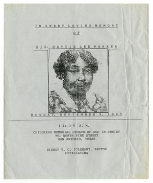 Primary view of object titled '[Funeral Program for Hattie Lee Parker, September 9, 1985]'.