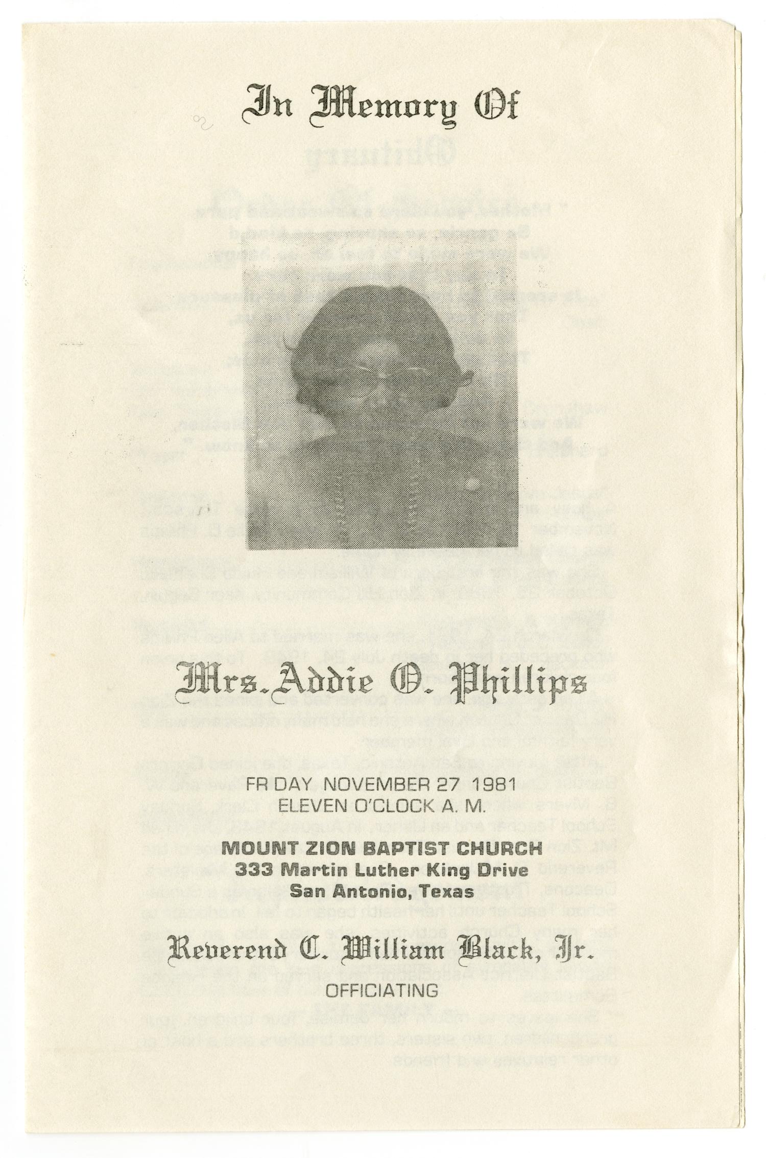 [Funeral Program for Addie O. Phillips, November 27, 1981]
                                                
                                                    [Sequence #]: 1 of 3
                                                