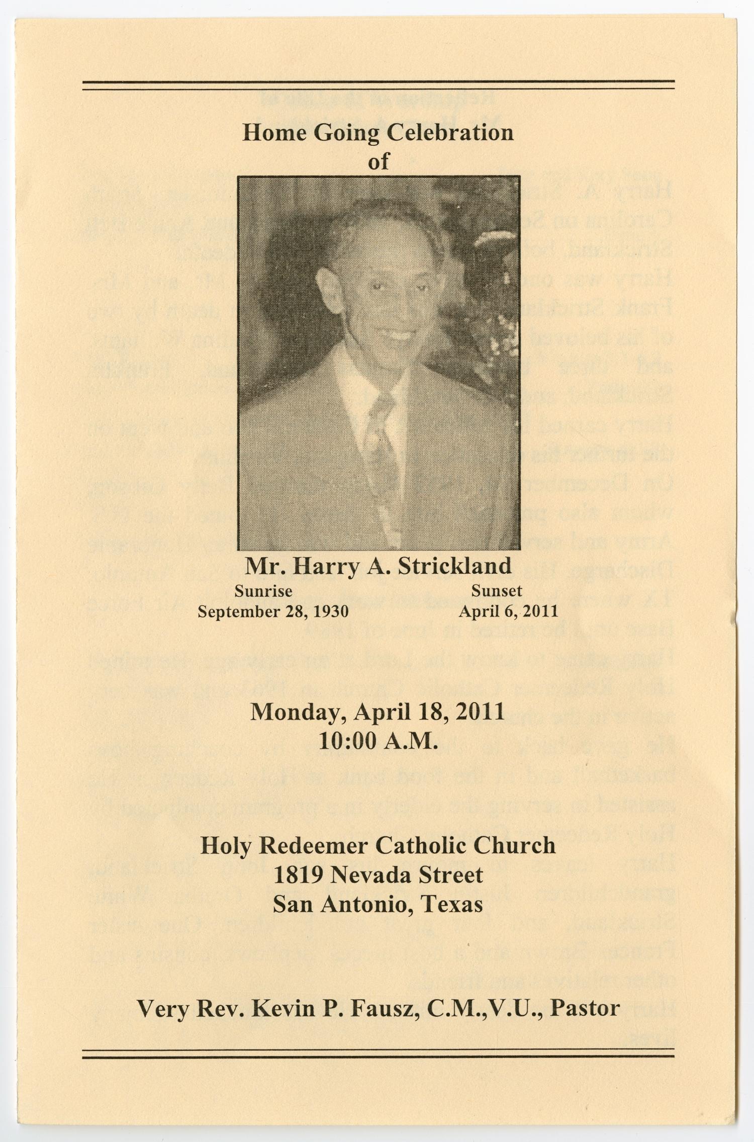 [Funeral Program for Harry A. Strickland, April 18, 2011]
                                                
                                                    [Sequence #]: 1 of 3
                                                