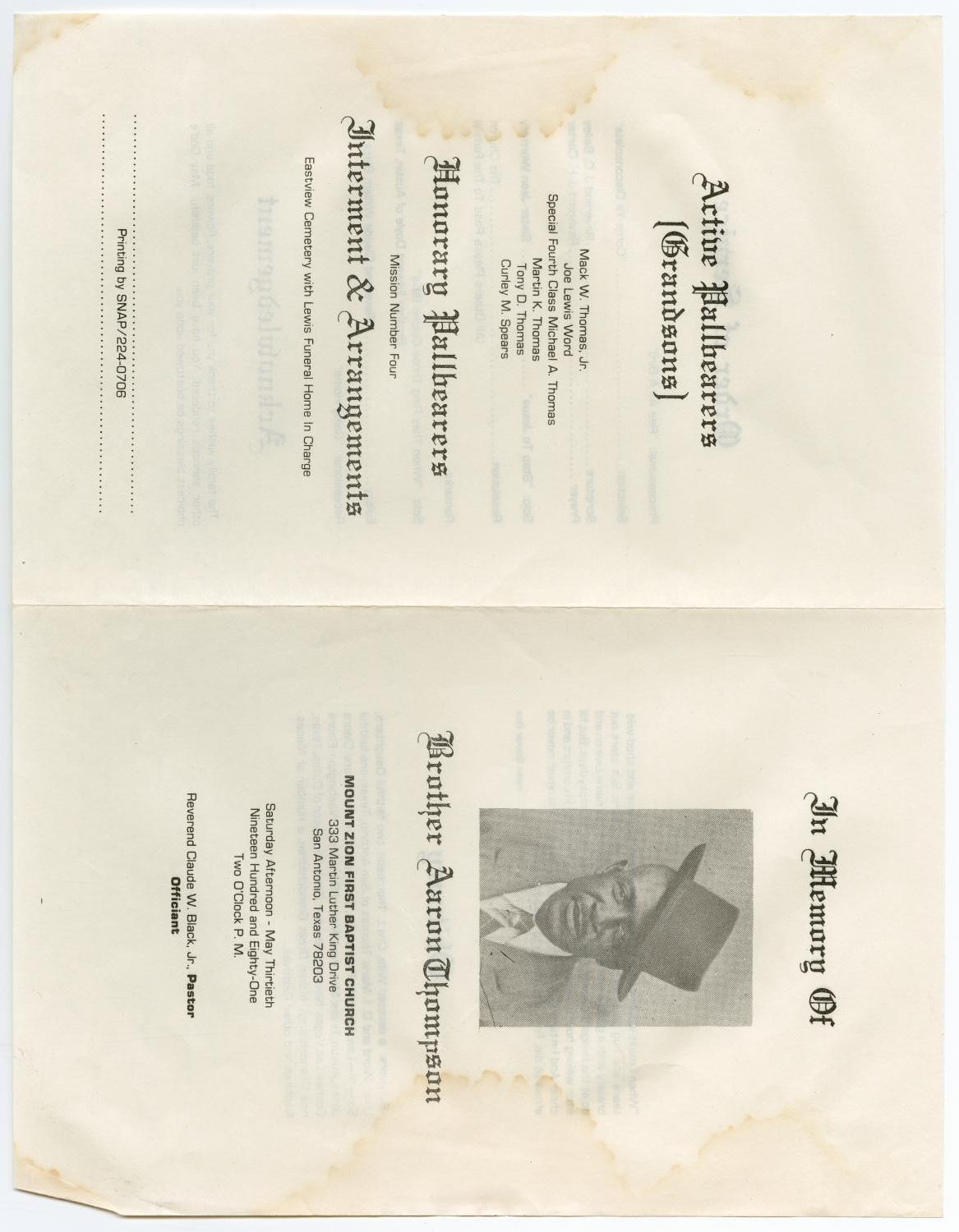 [Funeral Program for Aaron Thompson, May 30, 1981]
                                                
                                                    [Sequence #]: 3 of 3
                                                
