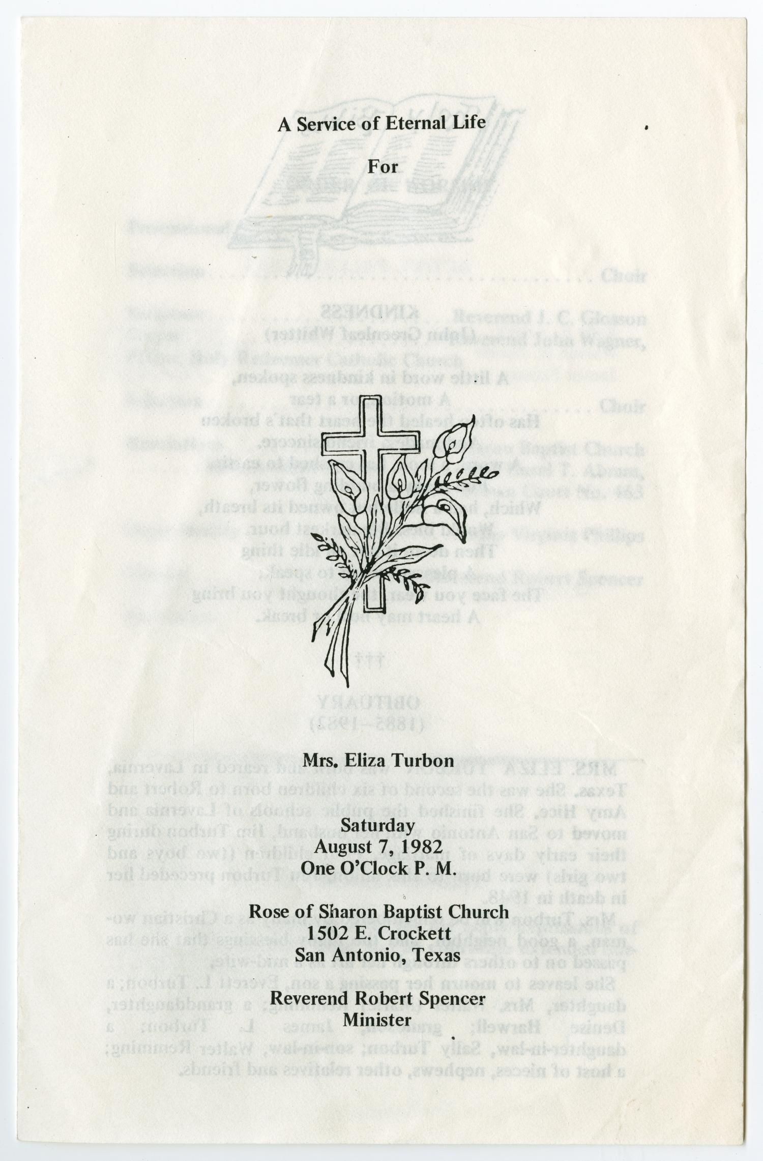 [Funeral Program for Eliza Turbon, August 7, 1982]
                                                
                                                    [Sequence #]: 1 of 3
                                                