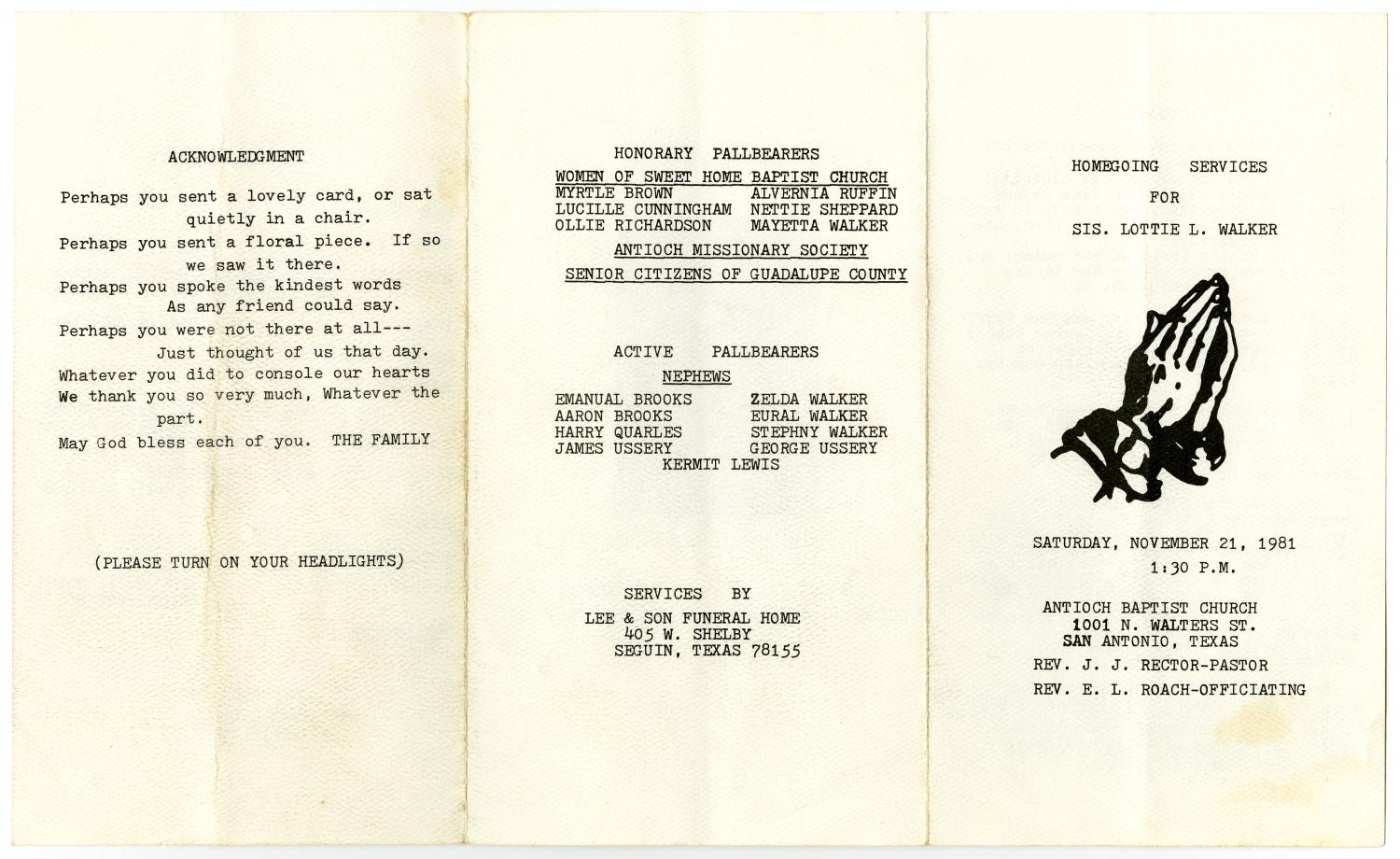 [Funeral Program for Lottie L. Walker, November 21, 1981]
                                                
                                                    [Sequence #]: 3 of 3
                                                