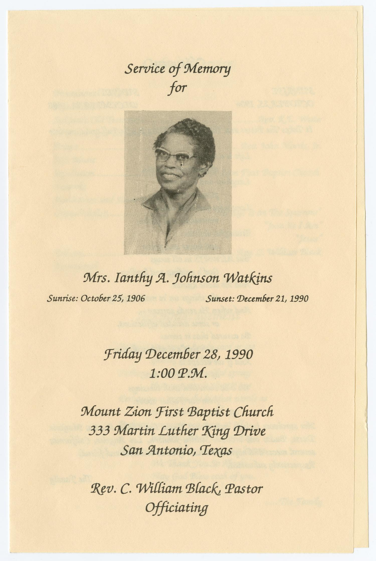 [Funeral Program for Ianthy A. Johnson Watkins, December 28, 1990]
                                                
                                                    [Sequence #]: 1 of 3
                                                