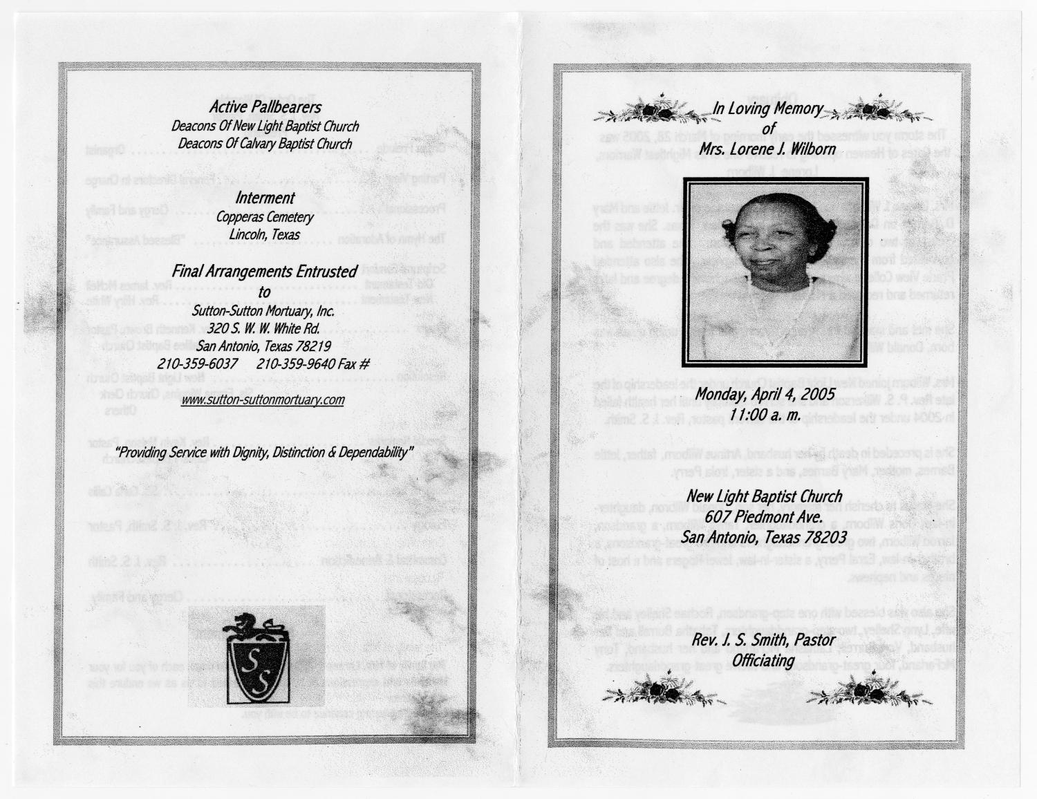 [Funeral Program for Lorene J. Wilborn, April 4, 2005]
                                                
                                                    [Sequence #]: 3 of 3
                                                