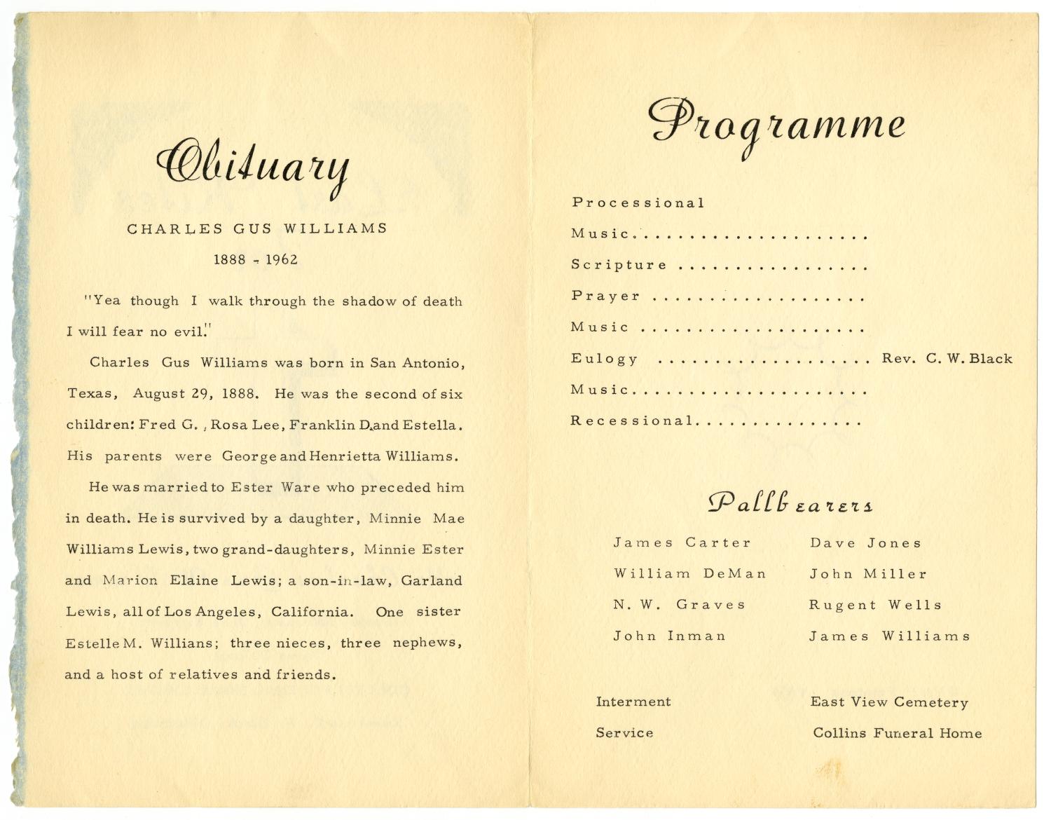 [Funeral Program for Charles Gus Williams, June 18, 1962]
                                                
                                                    [Sequence #]: 2 of 3
                                                