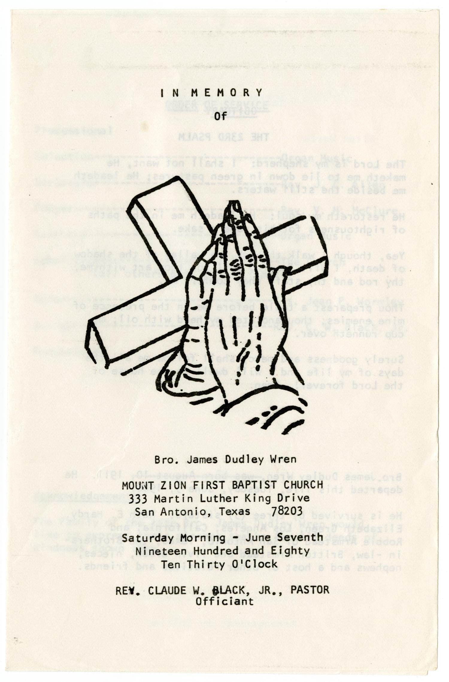 [Funeral Program for James Dudley Wren, June 7, 1980]
                                                
                                                    [Sequence #]: 1 of 3
                                                
