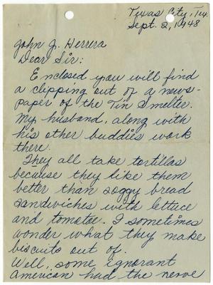 Primary view of object titled '[Letter from Mrs. Paul Padilla to John J. Herrera - 1948-09-02]'.