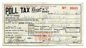 Primary view of object titled '[Poll tax receipt for John J. Herrera, County of Harris - 1957]'.