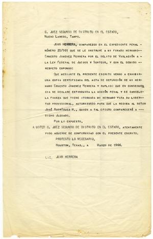 Primary view of object titled '[Letter from John J. Herrera to Ernesto Jimenez Herrera's attorney - 1966-03]'.