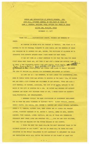 Primary view of object titled '[Edited speech by John J. Herrera introducing Attorney General John L. Hilll - 1977-12-17]'.