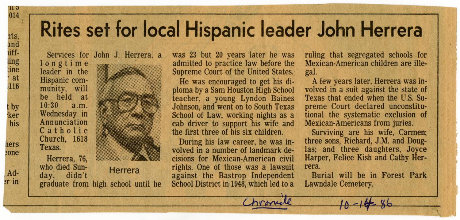 Rites set for local Hispanic leader John Herrera
                                                
                                                    [Sequence #]: 1 of 2
                                                