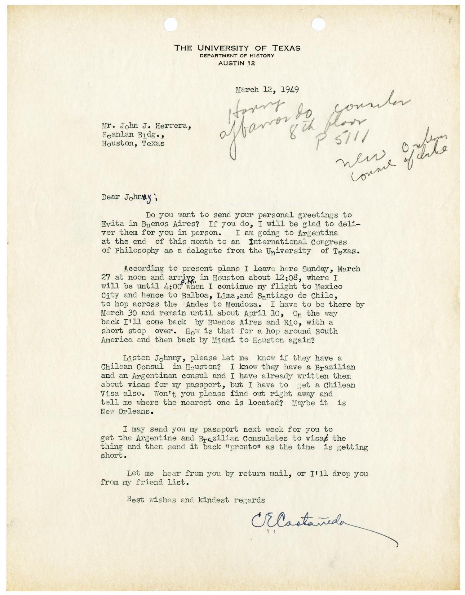 [Letter from Carlos E. Castañeda to John J. Herrera - 1949-03-12]
                                                
                                                    [Sequence #]: 1 of 2
                                                