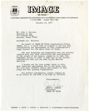 Primary view of object titled '[Letter from Jose G. Garcia to John J. Herrera - 1977-10-12]'.