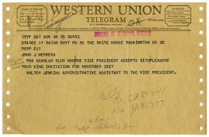 Primary view of object titled '[Telegram from Walter Jenkins to John J. Herrera - 1963-11-20]'.