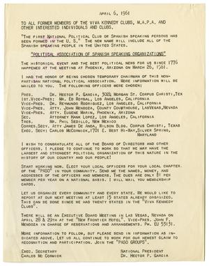 Primary view of object titled '[Announcement of the formation of PASO, Political Association of Spanish-Speaking Organizations - 1961-04-06]'.