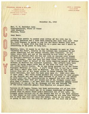Primary view of object titled '[Letter from John J. Herrera to T. W. "Buckshot" Lane - 1955-12-21]'.