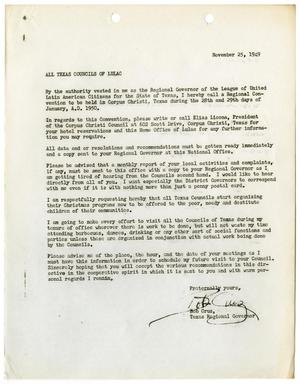 Primary view of object titled '[Letter from Bob Cruz to all Texas LULAC Councils - 1949-11-25]'.