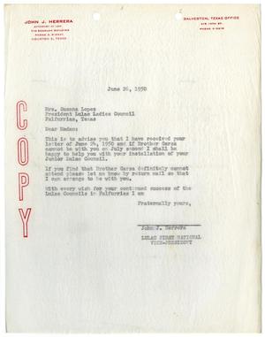 Primary view of object titled '[Letter from John J. Herrera to Susan Lopez - 1950-06-26]'.