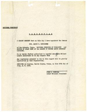 Primary view of object titled '[Appointment of Jacob I. Rodriguez to position of LULAC National Director of Publicity and Editor of LULAC News by John J. Herrera, LULAC National President - July 20, 1952]'.
