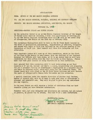 Primary view of object titled '[Proclamation by Miguel E. Trujillo for New Mexico Regional Convention - 1953]'.