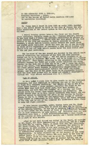 Primary view of object titled '[Report from Albert Armendariz to John J. Herrera and LULAC members regarding Pecos School Board hearing - 1953]'.