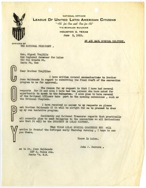 Primary view of object titled '[Letter from John J. Herrera to Miguel E. Trujillo - 1953-06-05]'.