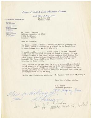 Primary view of object titled '[Letter from J.R. Lujan to John J. Herrera - 1955-03-05]'.