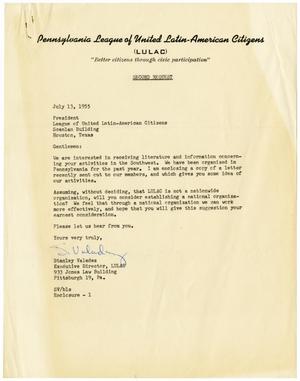 Primary view of object titled '[Letter from Stanley Valadez to John J. Herrera - 1955-07-13]'.