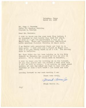 Primary view of [Letter from Frank Torres, Jr., to John J. Herrera - 1958-03-10]
