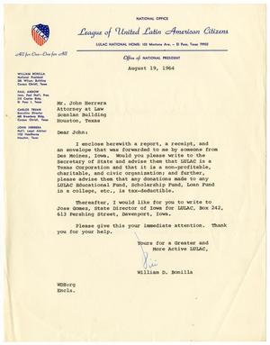 Primary view of object titled '[Letter from William D. Bonilla to John J. Herrera - 1964-08-19]'.