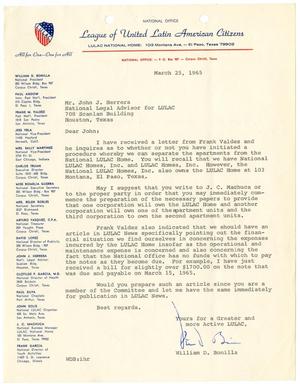 Primary view of object titled '[Letter from William D. Bonilla to John J. Herrera - 1965-03-25]'.