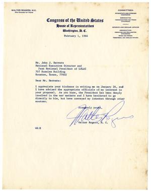Primary view of object titled '[Letter from Walter Rogers to John J. Herrera - 1966-02-01]'.