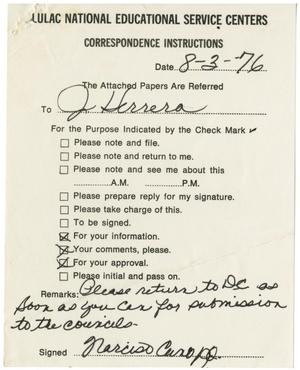 Primary view of object titled '[Correspondence instructions from Narciso Cano to John J. Herrera, August 3, 1976]'.