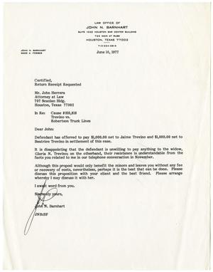 Primary view of object titled '[Letter from John N. Barnhart to John J. Herrera - 1977-06-16]'.