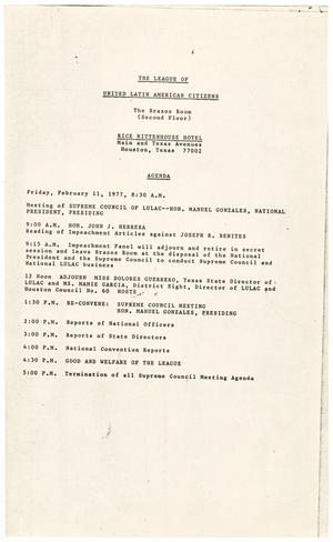 Primary view of object titled '[Agenda of the LULAC Impeachment Proceedings, February 11-12, 1977]'.