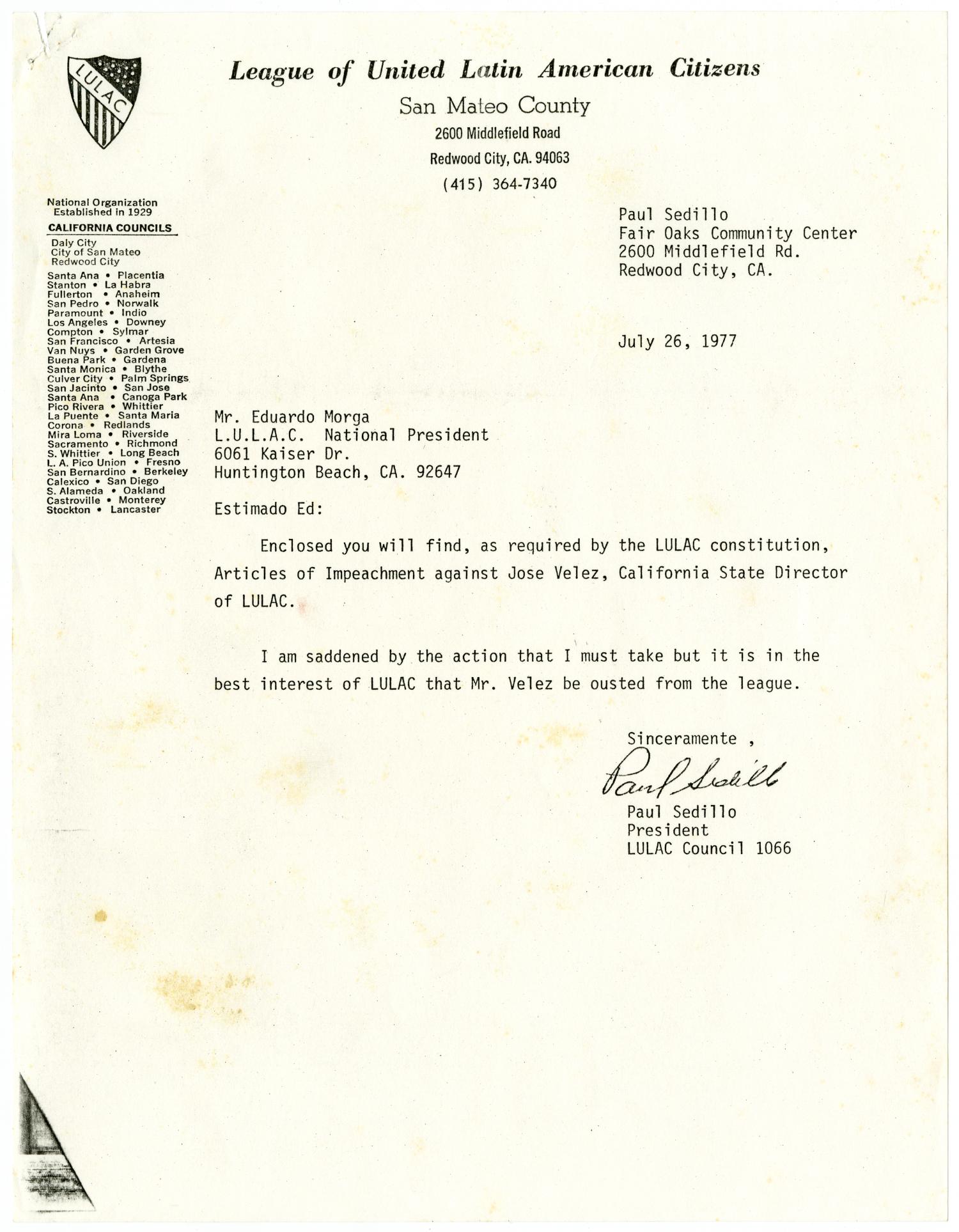 [Letter from Paul Sedillo to Eduardo Morga - July 26, 1977]
                                                
                                                    [Sequence #]: 1 of 8
                                                